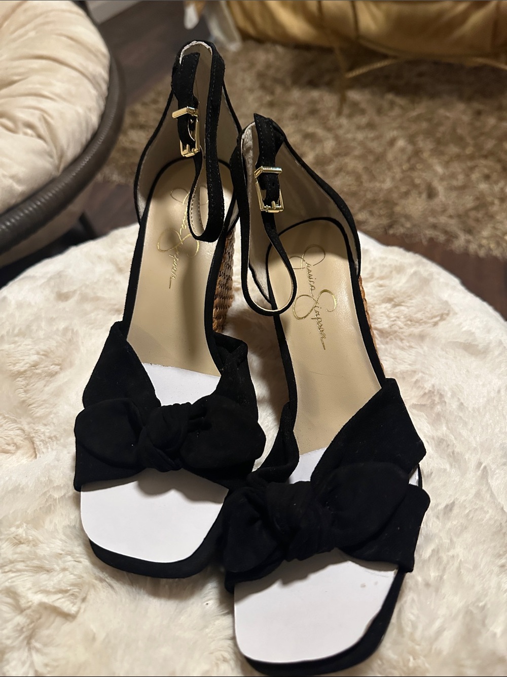 Jessica Simpson Black Woven Wedge Sandals with Bow Detail